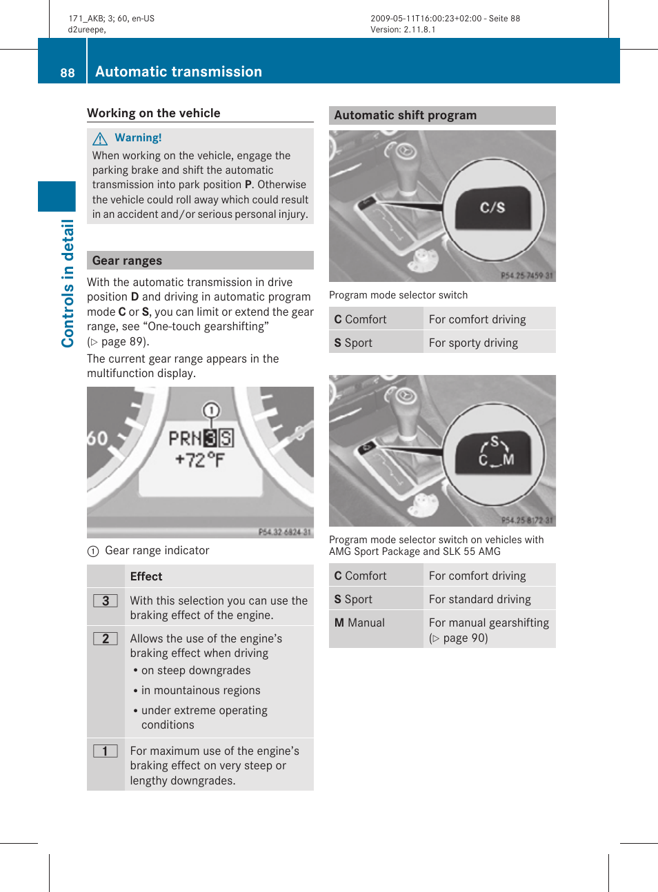 Gear ranges, Automatic shift program, The selected gear range | Controls in detail, Automatic transmission | Mercedes-Benz SLK-Class 2011 Owners Manual User Manual | Page 90 / 312