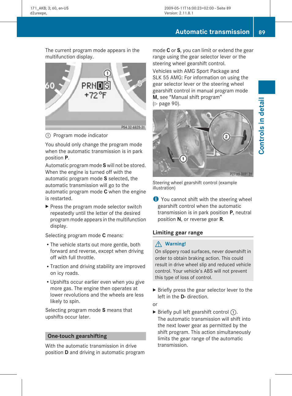 One-touch gearshifting, Controls in detail, Automatic transmission | Mercedes-Benz SLK-Class 2011 Owners Manual User Manual | Page 91 / 312