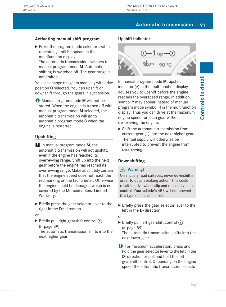 Controls in detail, Automatic transmission | Mercedes-Benz SLK-Class 2011 Owners Manual User Manual | Page 93 / 312