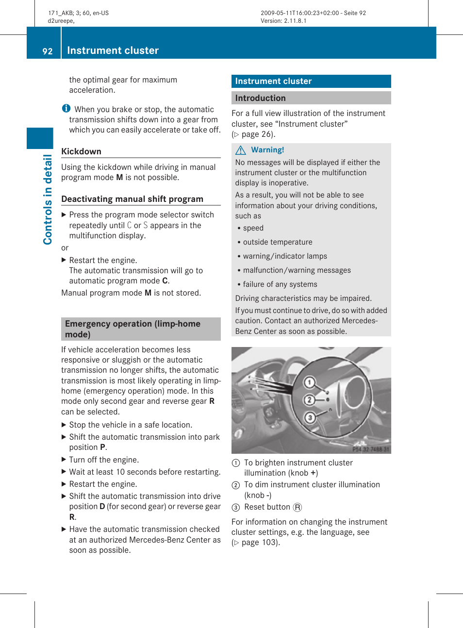 Emergency operation (limp-home mode), Instrument cluster, Introduction | Controls in detail | Mercedes-Benz SLK-Class 2011 Owners Manual User Manual | Page 94 / 312