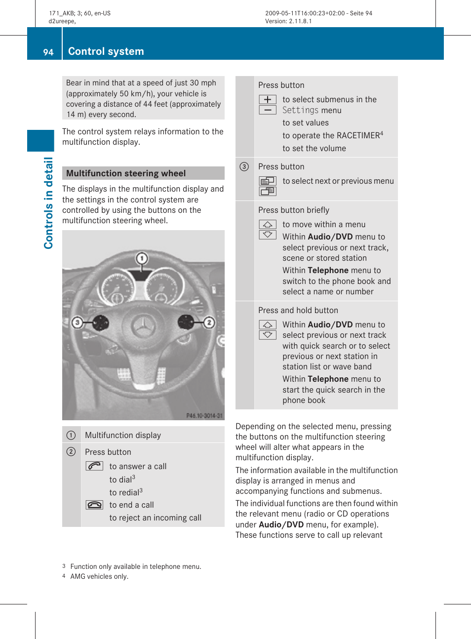 Multifunction steering wheel, Controls in detail, Control system | Mercedes-Benz SLK-Class 2011 Owners Manual User Manual | Page 96 / 312