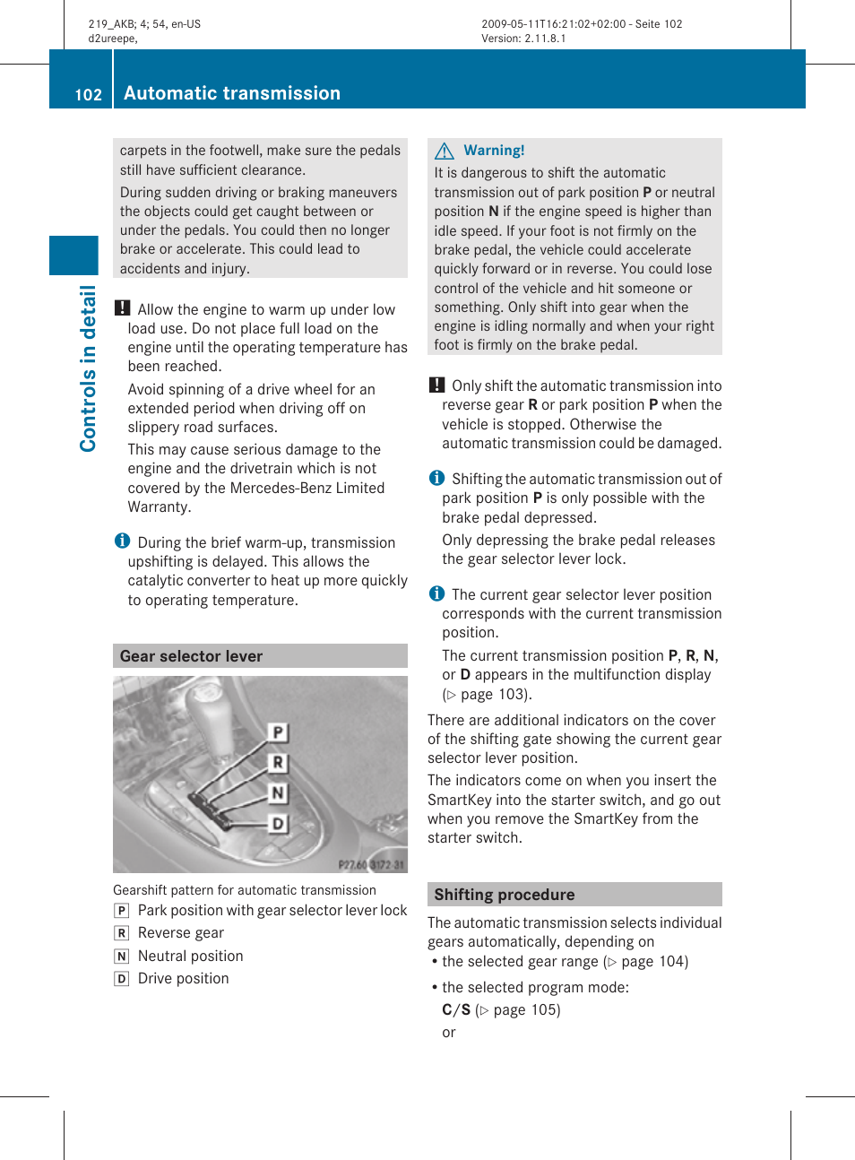 Gear selector lever, Shifting procedure, Controls in detail | Automatic transmission | Mercedes-Benz CLS-Class 2011 Owners Manual User Manual | Page 104 / 308