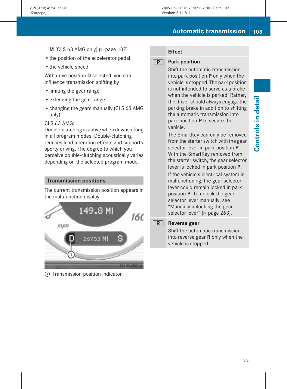 Transmission positions, Controls in detail, Automatic transmission | Mercedes-Benz CLS-Class 2011 Owners Manual User Manual | Page 105 / 308