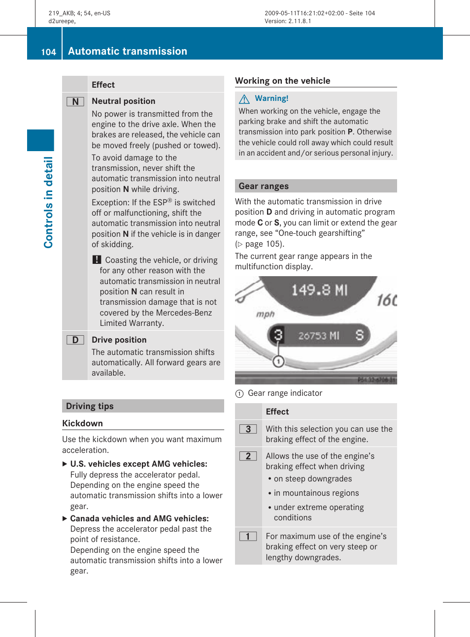 Driving tips, Gear ranges, The selected gear range | Controls in detail, Automatic transmission | Mercedes-Benz CLS-Class 2011 Owners Manual User Manual | Page 106 / 308