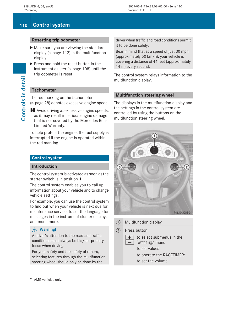 Resetting trip odometer, Tachometer, Control system | Introduction, Multifunction steering wheel, Controls in detail | Mercedes-Benz CLS-Class 2011 Owners Manual User Manual | Page 112 / 308