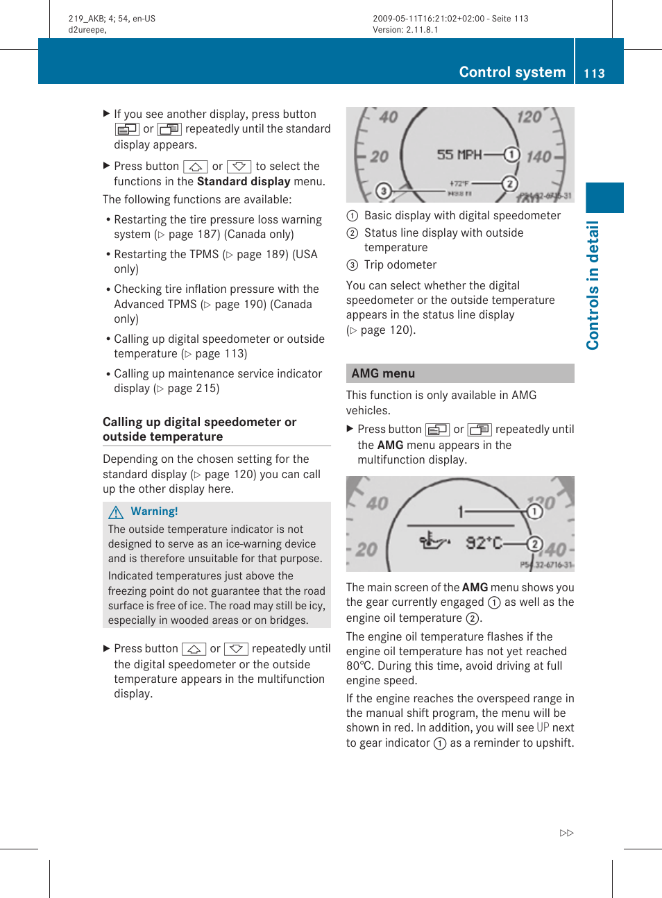 Amg menu, Menu, Controls in detail | Control system | Mercedes-Benz CLS-Class 2011 Owners Manual User Manual | Page 115 / 308