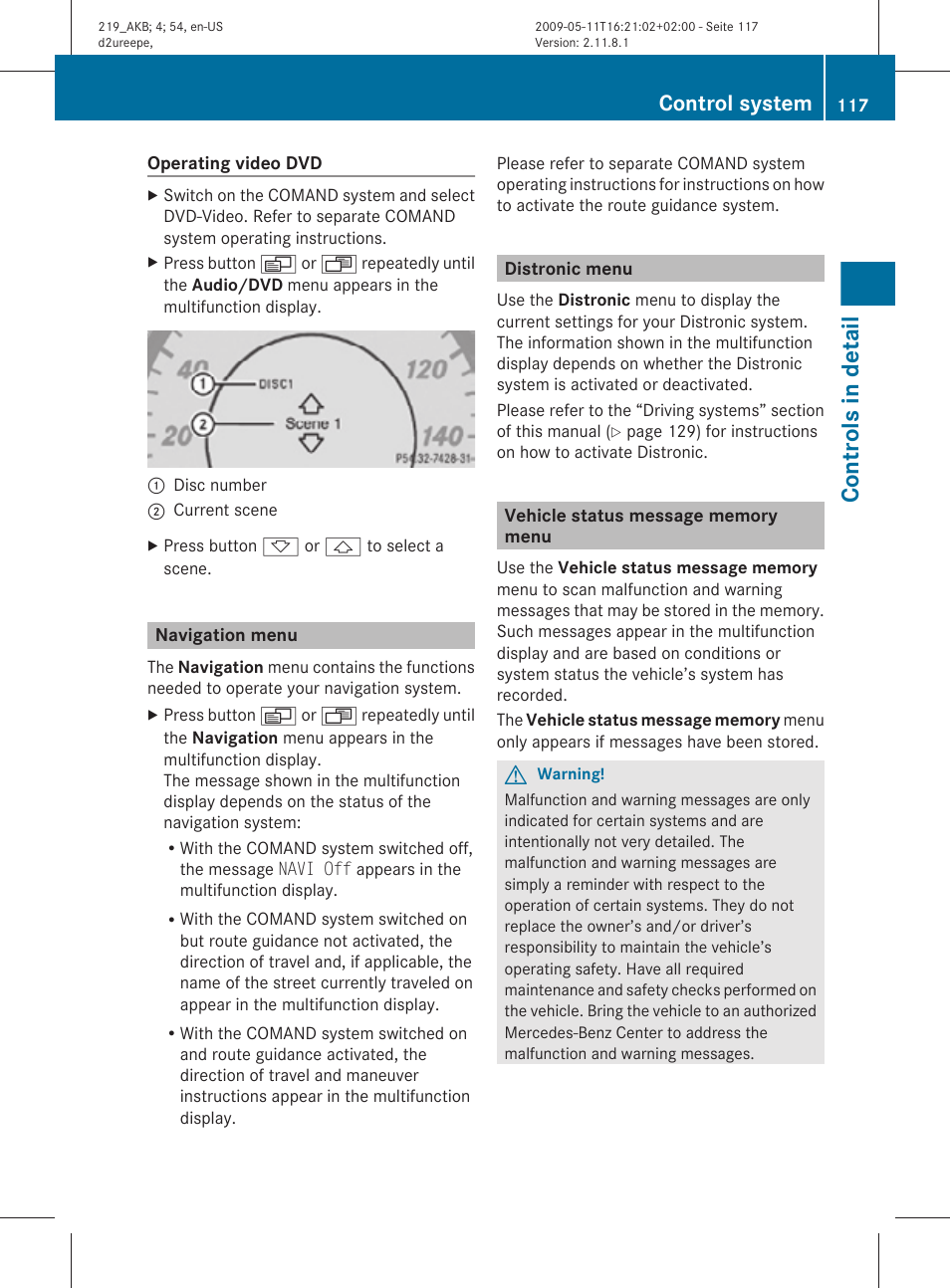 Navigation menu, Distronic menu, Vehicle status message memory menu | Menu, Operating video dvd, Controls in detail, Control system | Mercedes-Benz CLS-Class 2011 Owners Manual User Manual | Page 119 / 308