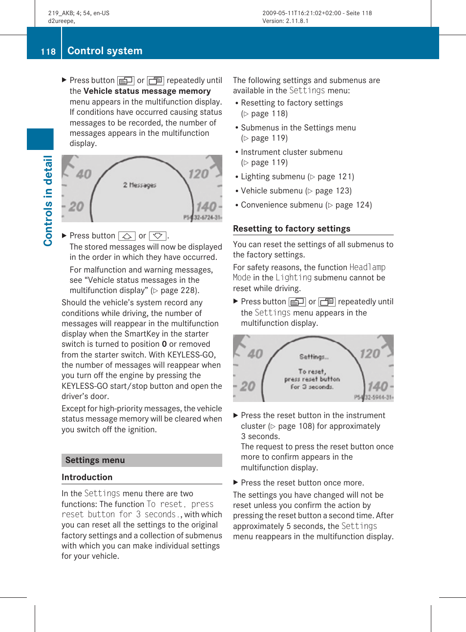 Settings menu, Menu, Controls in detail | Control system | Mercedes-Benz CLS-Class 2011 Owners Manual User Manual | Page 120 / 308