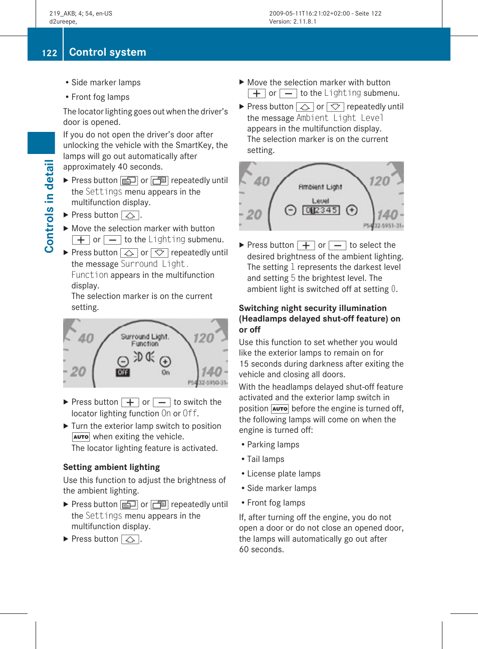 Setting ambient lighting, Controls in detail, Control system | Mercedes-Benz CLS-Class 2011 Owners Manual User Manual | Page 124 / 308