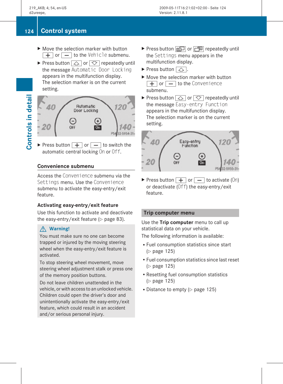 Trip computer menu, Menu, Convenience submenu | Controls in detail, Control system | Mercedes-Benz CLS-Class 2011 Owners Manual User Manual | Page 126 / 308