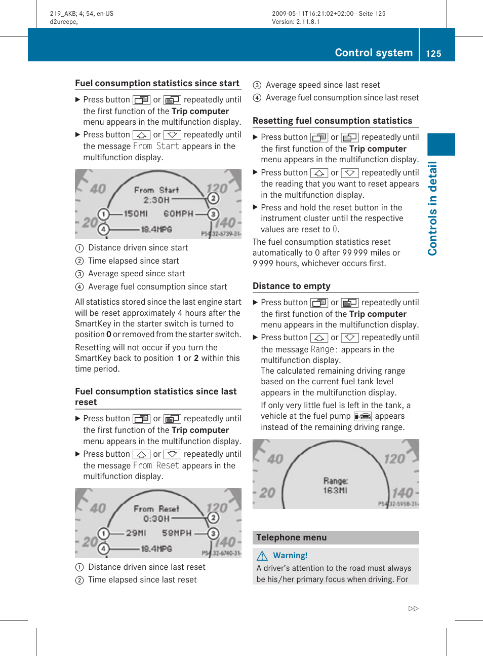 Telephone menu, Menu, Distance to empty | Controls in detail, Control system | Mercedes-Benz CLS-Class 2011 Owners Manual User Manual | Page 127 / 308