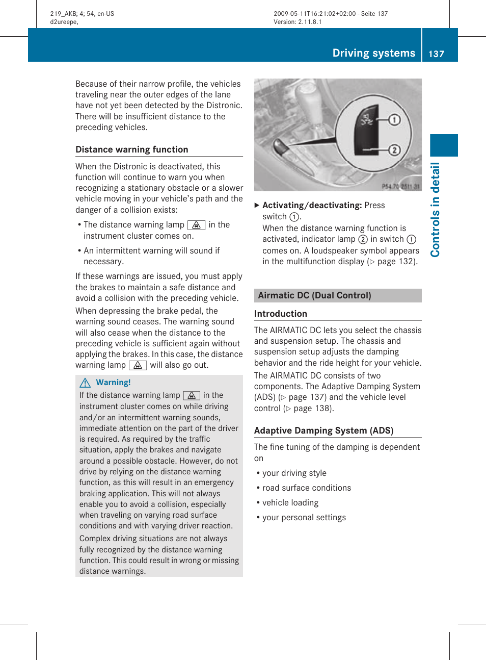 Airmatic dc (dual control), Warning function, see, Function | Controls in detail, Driving systems | Mercedes-Benz CLS-Class 2011 Owners Manual User Manual | Page 139 / 308