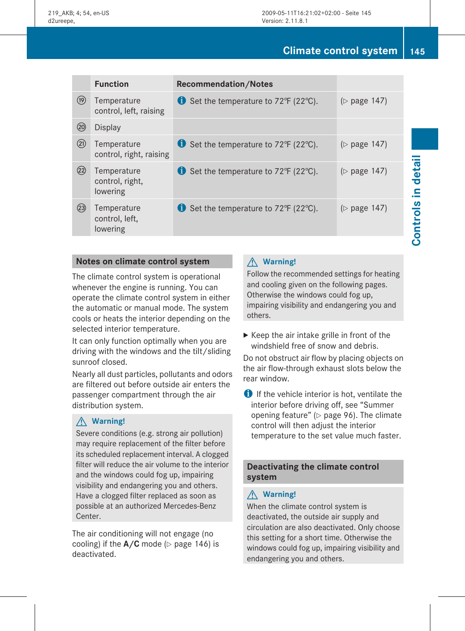 Notes on climate control system, Deactivating the climate control system, Controls in detail | Climate control system | Mercedes-Benz CLS-Class 2011 Owners Manual User Manual | Page 147 / 308