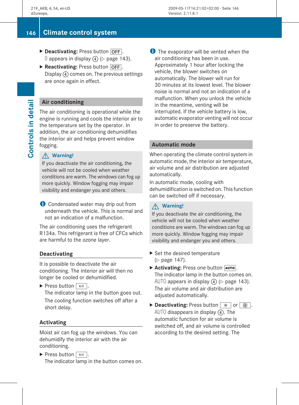 Air conditioning, Automatic mode, Mode | Controls in detail, Climate control system | Mercedes-Benz CLS-Class 2011 Owners Manual User Manual | Page 148 / 308