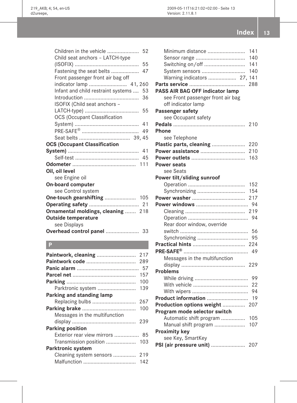 Index | Mercedes-Benz CLS-Class 2011 Owners Manual User Manual | Page 15 / 308