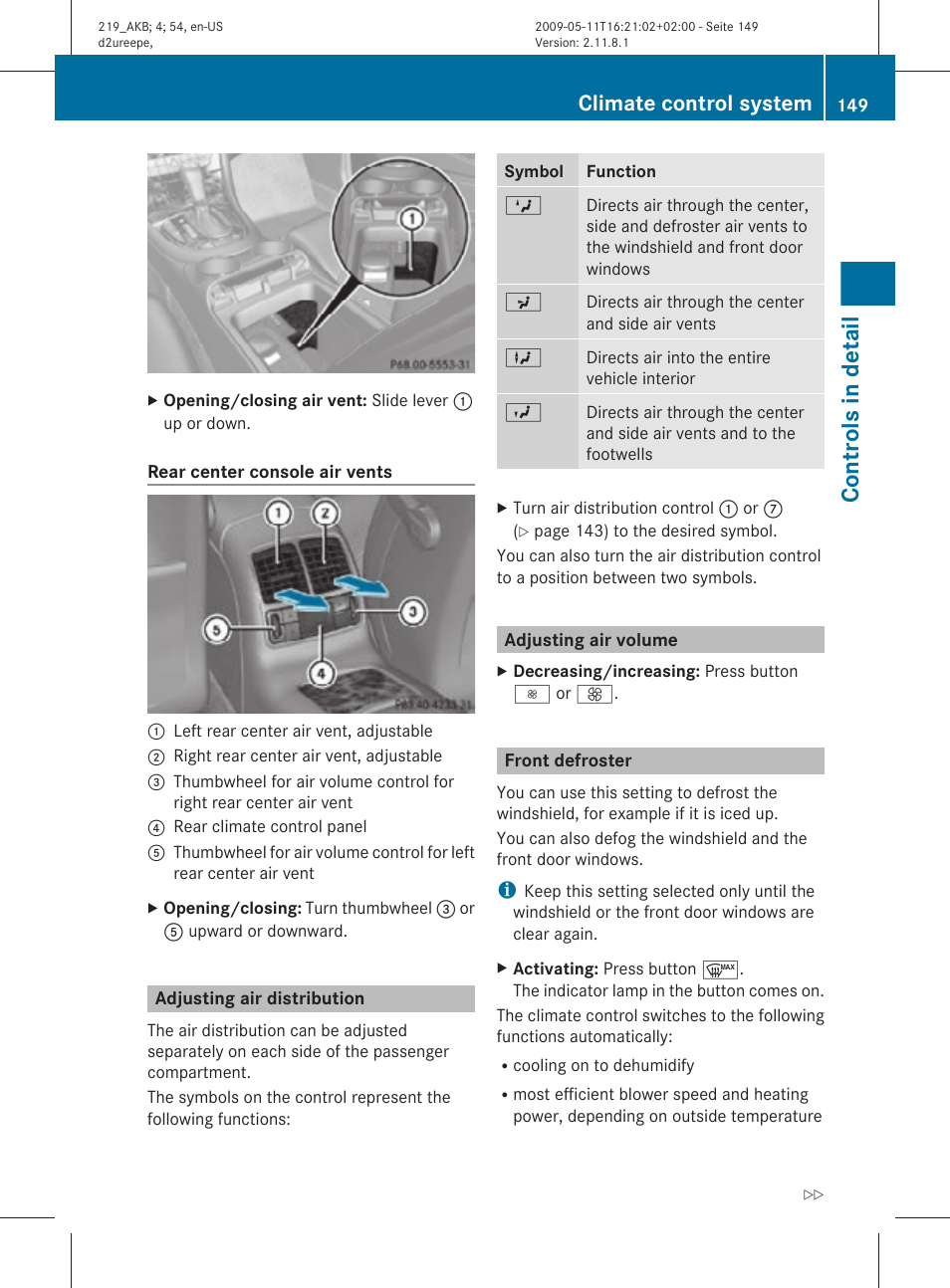 Adjusting air distribution, Adjusting air volume, Front defroster | Controls in detail, Climate control system | Mercedes-Benz CLS-Class 2011 Owners Manual User Manual | Page 151 / 308