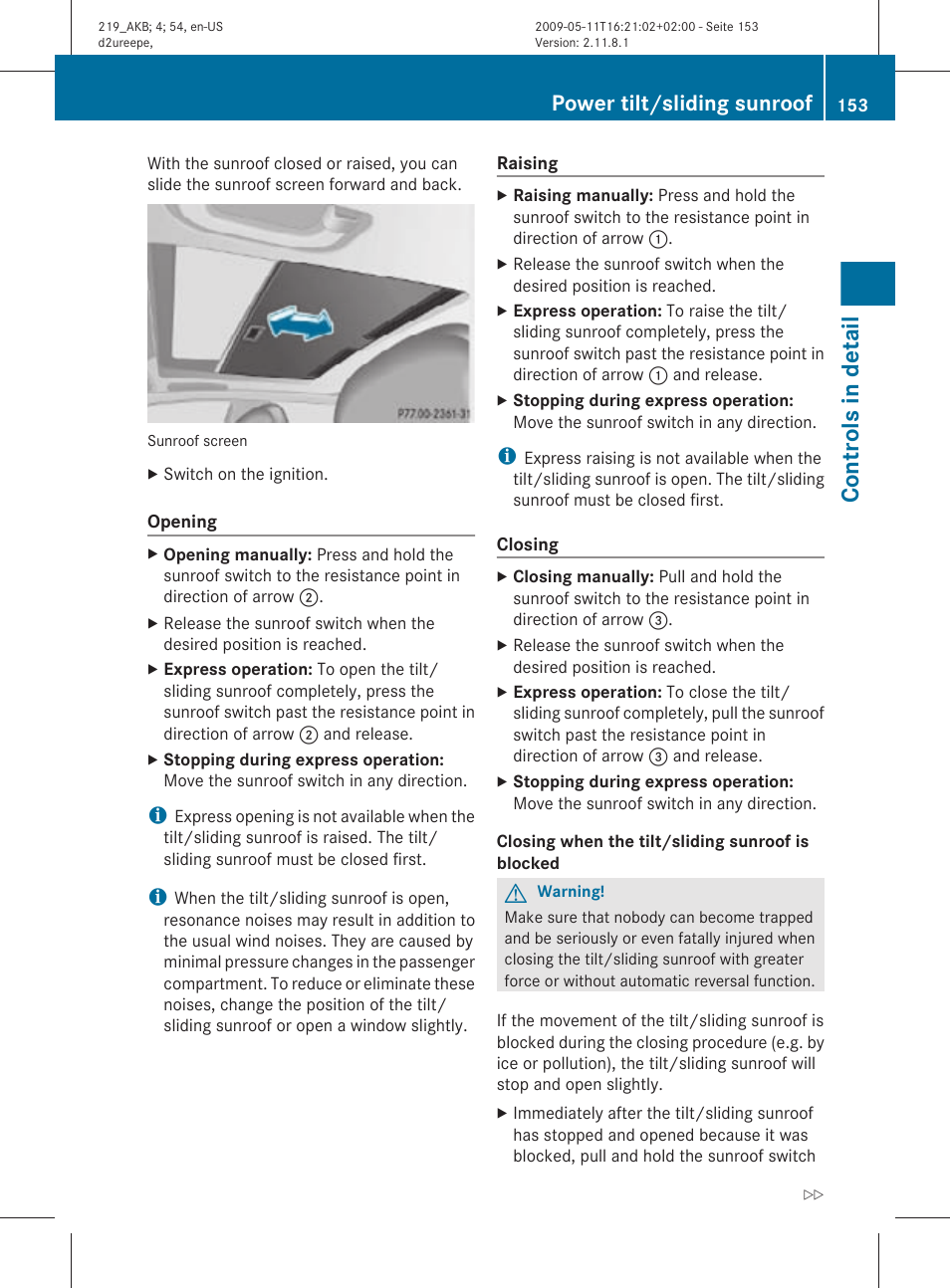 Controls in detail, Power tilt/sliding sunroof | Mercedes-Benz CLS-Class 2011 Owners Manual User Manual | Page 155 / 308