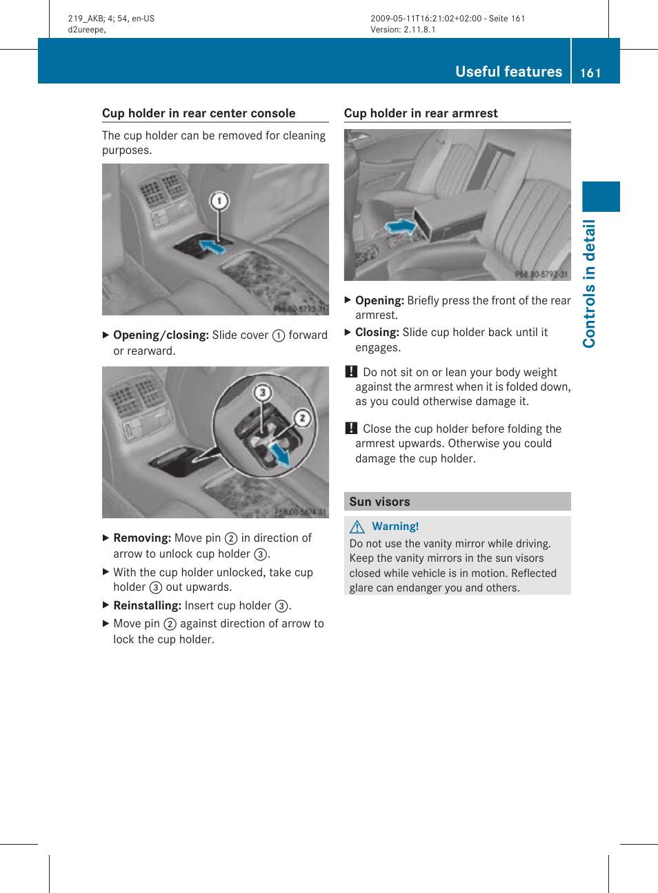 Sun visors, Controls in detail, Useful features | Mercedes-Benz CLS-Class 2011 Owners Manual User Manual | Page 163 / 308