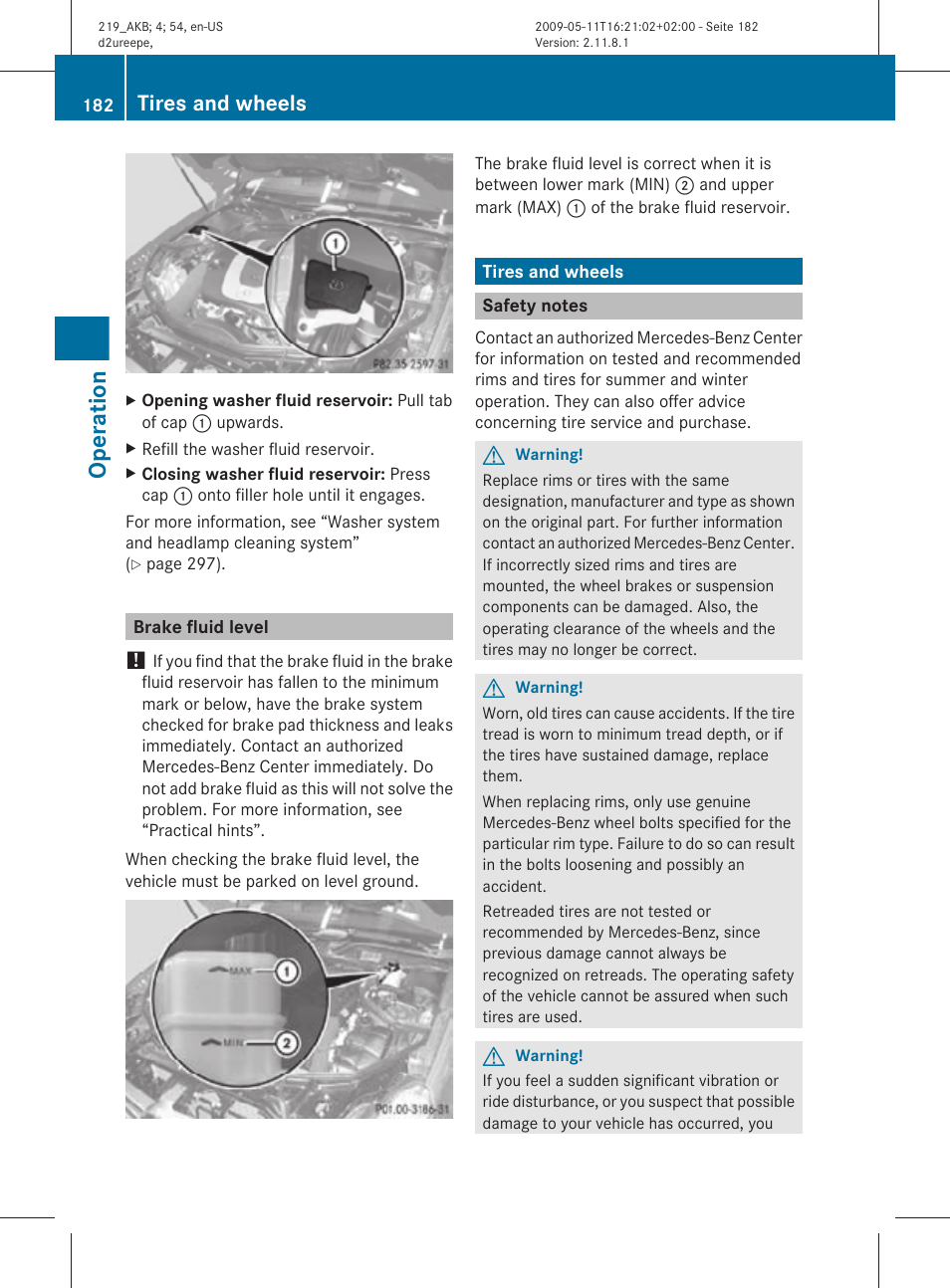 Brake fluid level, Tires and wheels, Safety notes | Brake fluid, Operation | Mercedes-Benz CLS-Class 2011 Owners Manual User Manual | Page 184 / 308
