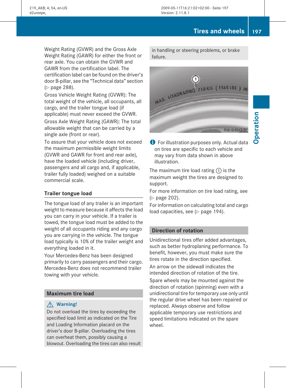 Maximum tire load, Direction of rotation, Capacity of your vehicle | Load, Operation, Tires and wheels | Mercedes-Benz CLS-Class 2011 Owners Manual User Manual | Page 199 / 308