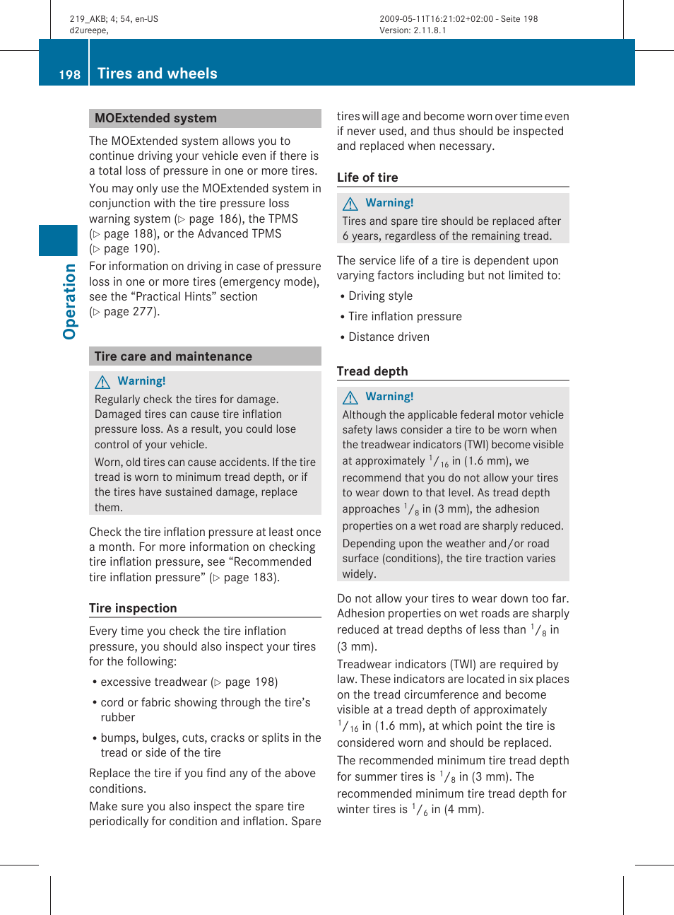 Moextended system, Tire care and maintenance, Operation | Tires and wheels | Mercedes-Benz CLS-Class 2011 Owners Manual User Manual | Page 200 / 308
