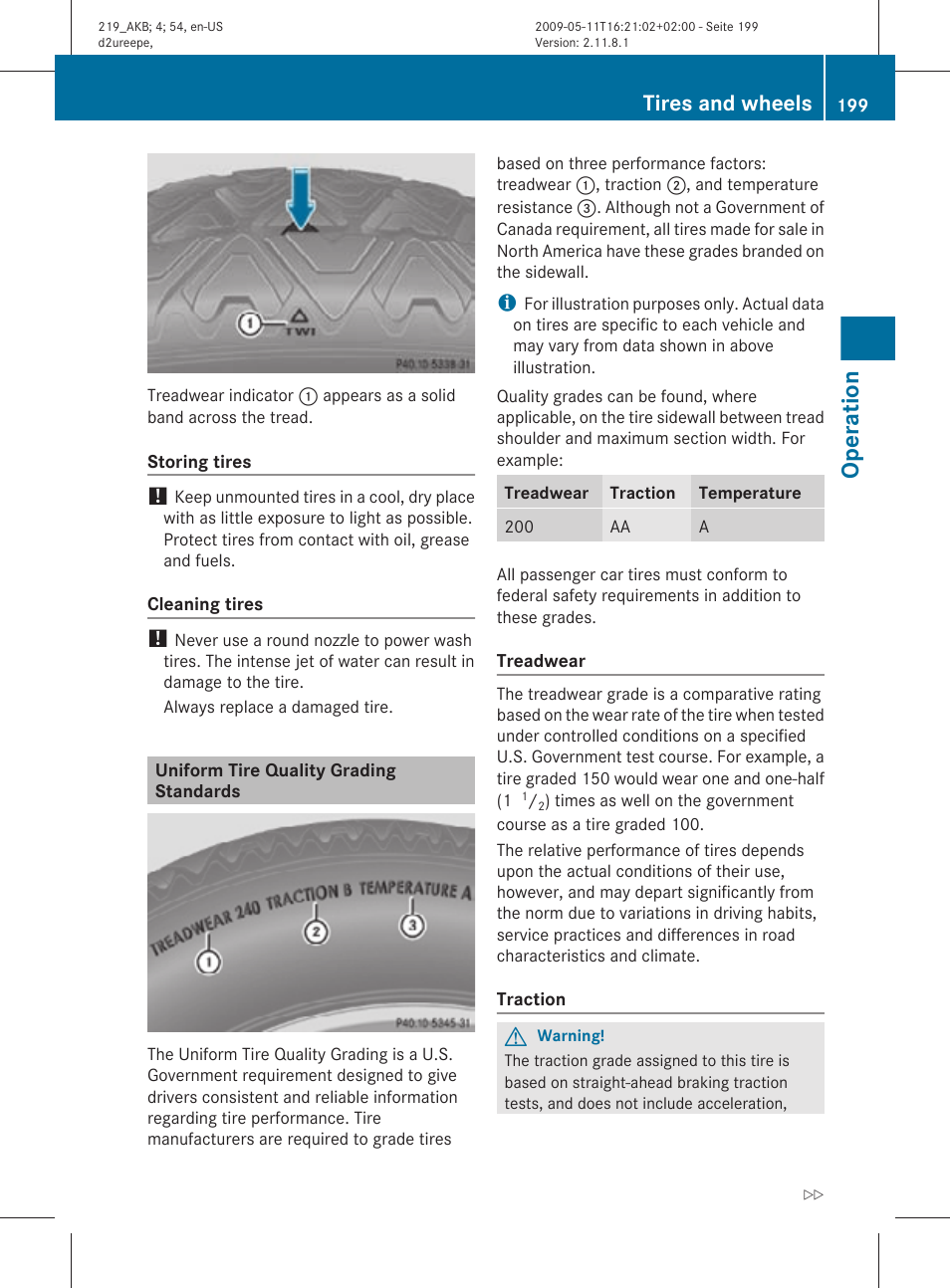 Uniform tire quality grading standards, Operation, Tires and wheels | Mercedes-Benz CLS-Class 2011 Owners Manual User Manual | Page 201 / 308