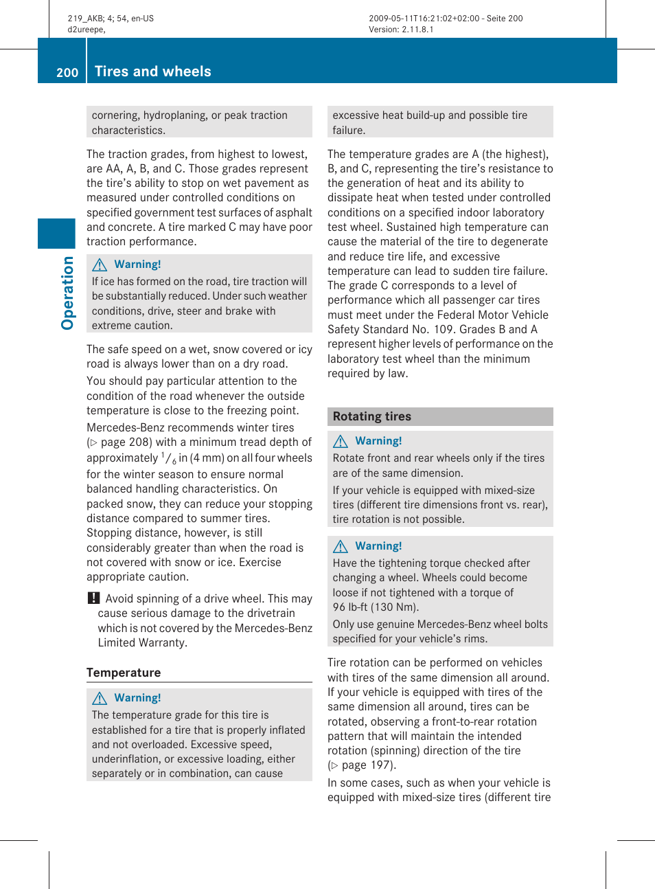 Rotating tires, Operation, Tires and wheels | Mercedes-Benz CLS-Class 2011 Owners Manual User Manual | Page 202 / 308