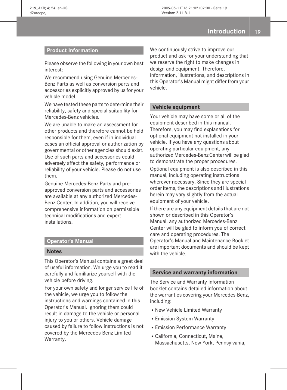 Introduction, Product information, Operator’s manual | Notes, Vehicle equipment, Service and warranty information | Mercedes-Benz CLS-Class 2011 Owners Manual User Manual | Page 21 / 308