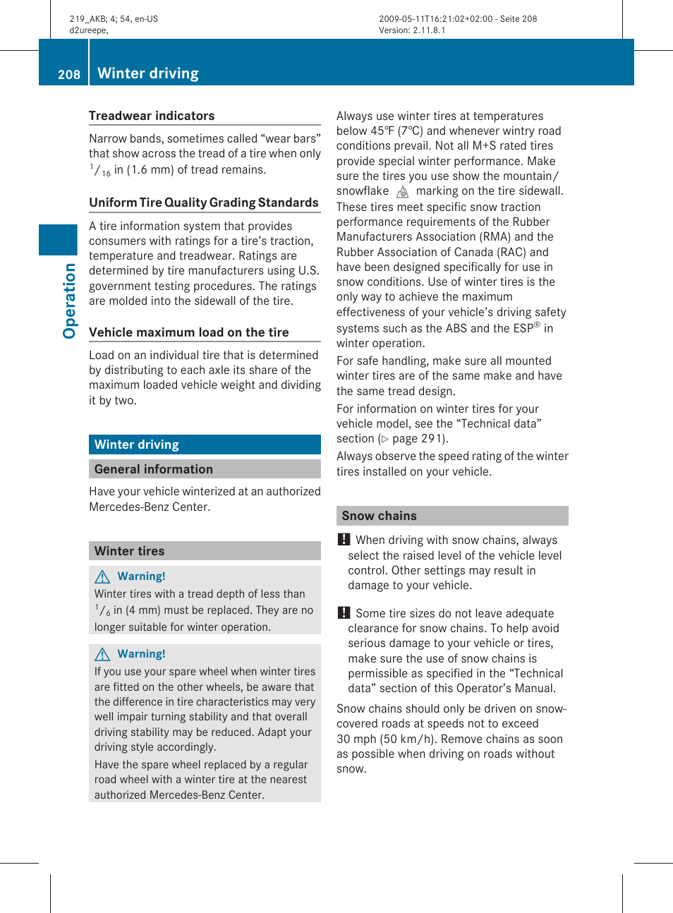 Winter driving, General information, Winter tires | Snow chains, Operation | Mercedes-Benz CLS-Class 2011 Owners Manual User Manual | Page 210 / 308