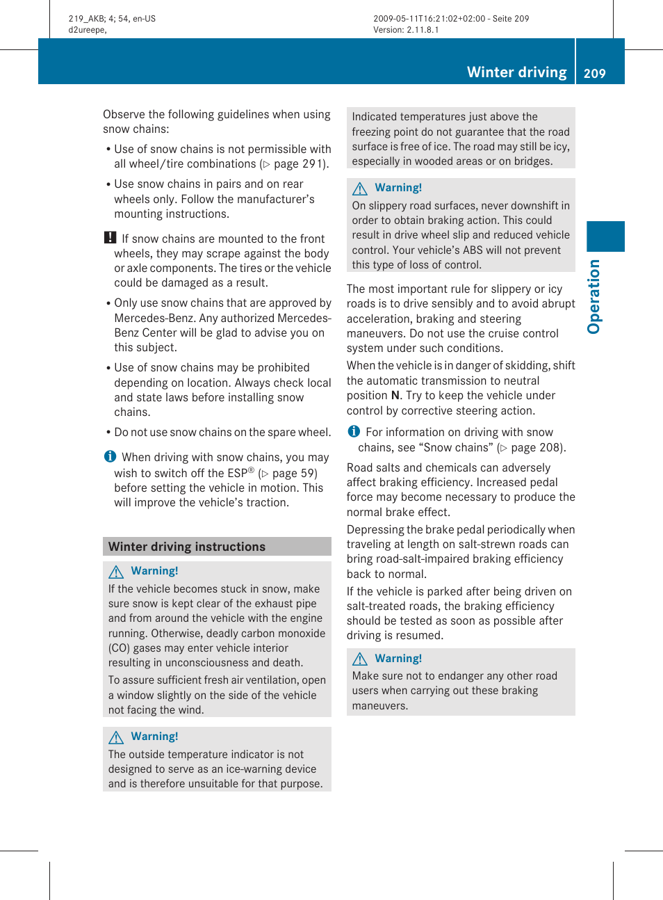Winter driving instructions, Operation, Winter driving | Mercedes-Benz CLS-Class 2011 Owners Manual User Manual | Page 211 / 308