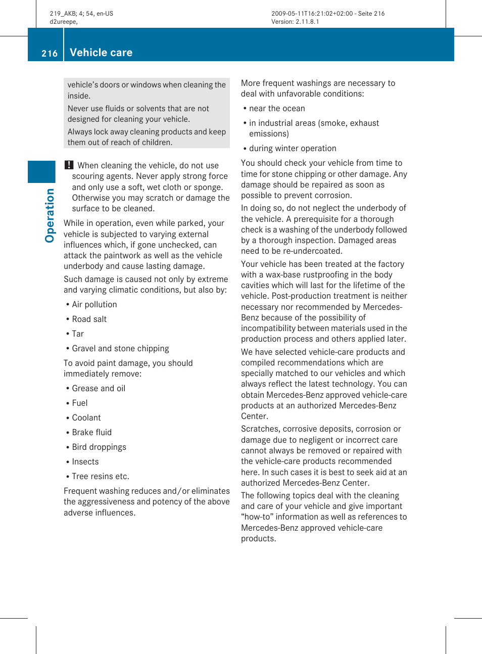 Operation, Vehicle care | Mercedes-Benz CLS-Class 2011 Owners Manual User Manual | Page 218 / 308