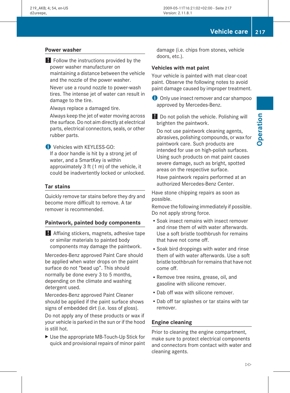 Operation, Vehicle care | Mercedes-Benz CLS-Class 2011 Owners Manual User Manual | Page 219 / 308