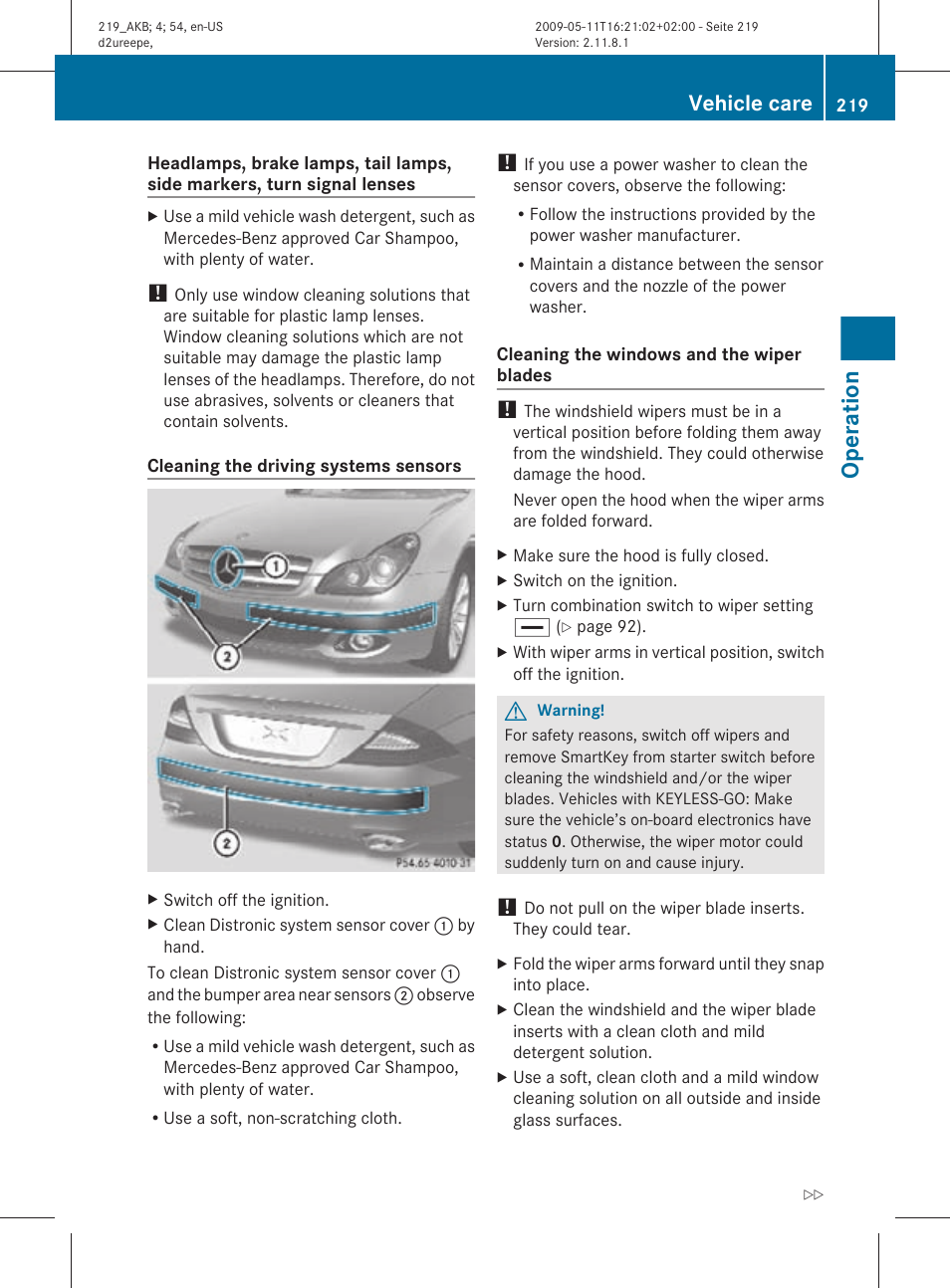 Operation, Vehicle care | Mercedes-Benz CLS-Class 2011 Owners Manual User Manual | Page 221 / 308