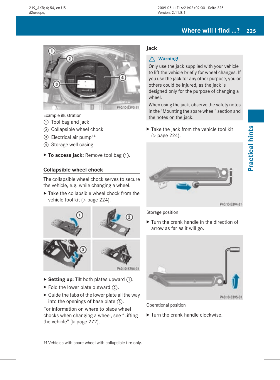 Practical hints, Where will i find | Mercedes-Benz CLS-Class 2011 Owners Manual User Manual | Page 227 / 308