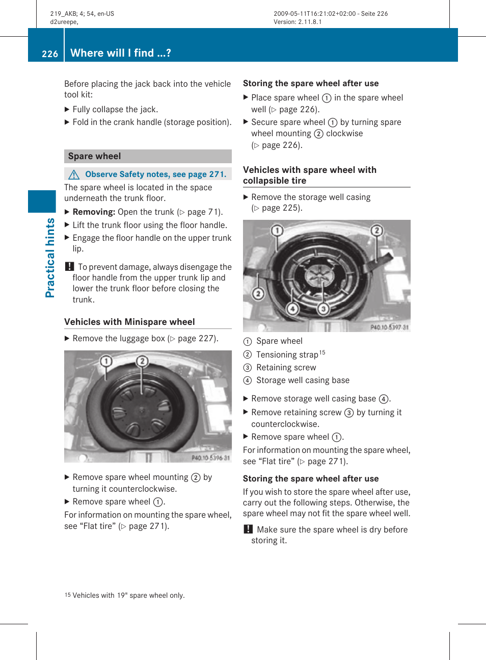 Spare wheel, Practical hints, Where will i find | Mercedes-Benz CLS-Class 2011 Owners Manual User Manual | Page 228 / 308