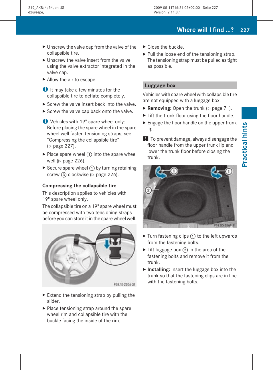 Luggage box, Practical hints, Where will i find | Mercedes-Benz CLS-Class 2011 Owners Manual User Manual | Page 229 / 308