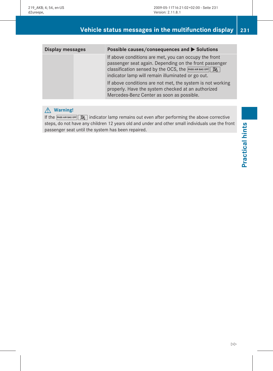 Practical hints | Mercedes-Benz CLS-Class 2011 Owners Manual User Manual | Page 233 / 308