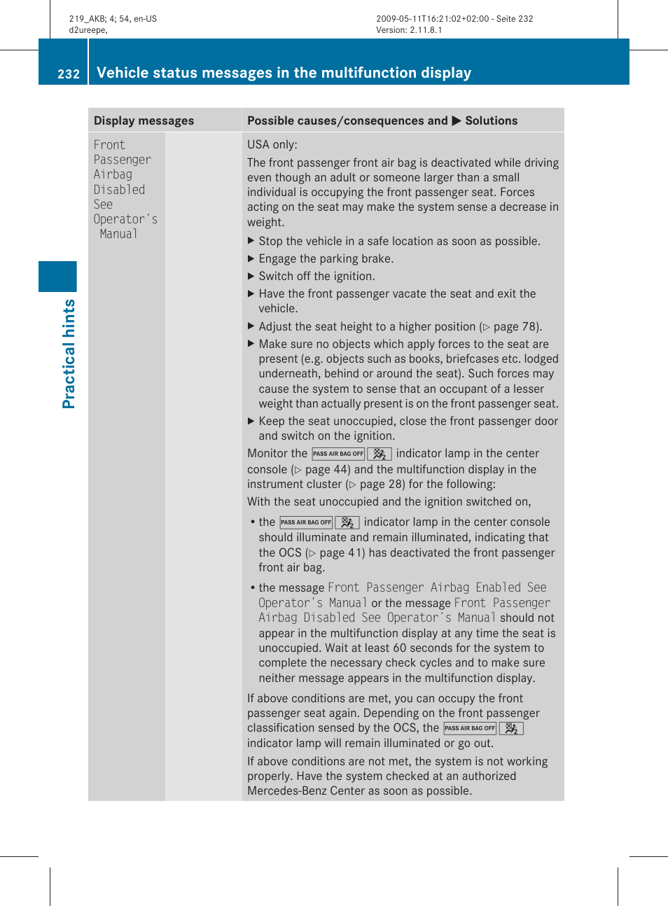 Practical hints | Mercedes-Benz CLS-Class 2011 Owners Manual User Manual | Page 234 / 308