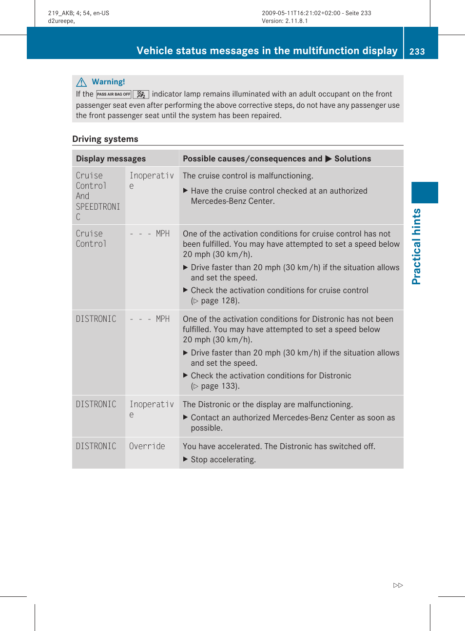 Practical hints | Mercedes-Benz CLS-Class 2011 Owners Manual User Manual | Page 235 / 308