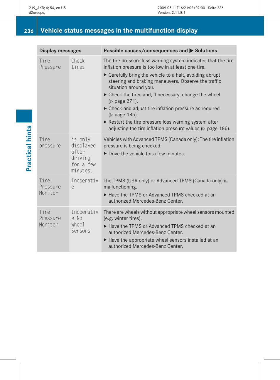 Practical hints | Mercedes-Benz CLS-Class 2011 Owners Manual User Manual | Page 238 / 308