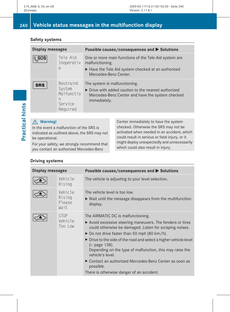 Practical hints | Mercedes-Benz CLS-Class 2011 Owners Manual User Manual | Page 242 / 308