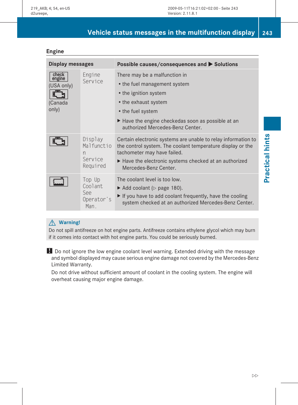 Practical hints | Mercedes-Benz CLS-Class 2011 Owners Manual User Manual | Page 245 / 308