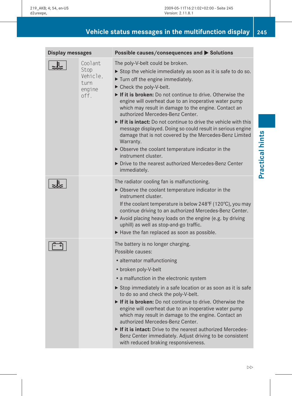 Practical hints | Mercedes-Benz CLS-Class 2011 Owners Manual User Manual | Page 247 / 308