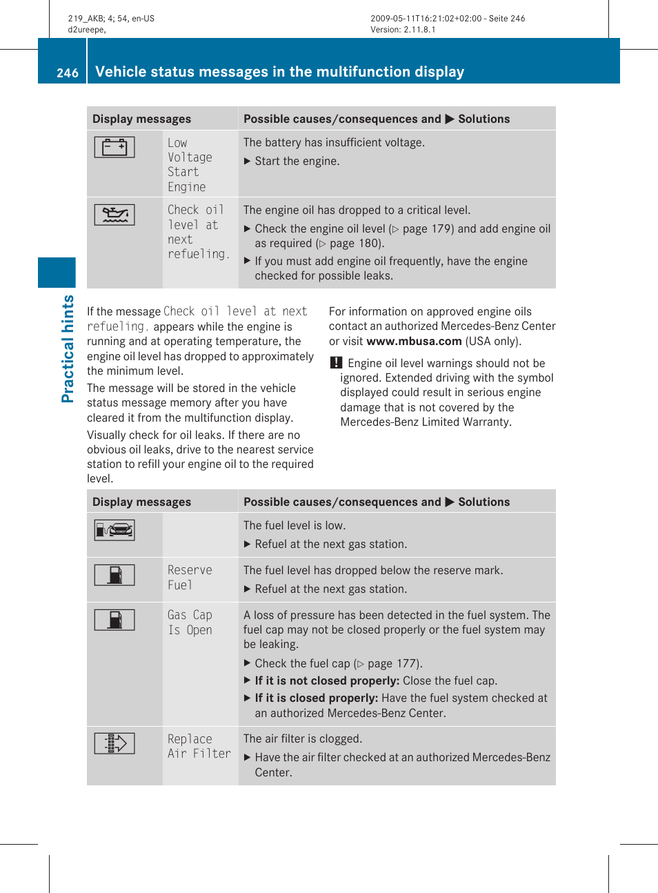 Practical hints | Mercedes-Benz CLS-Class 2011 Owners Manual User Manual | Page 248 / 308