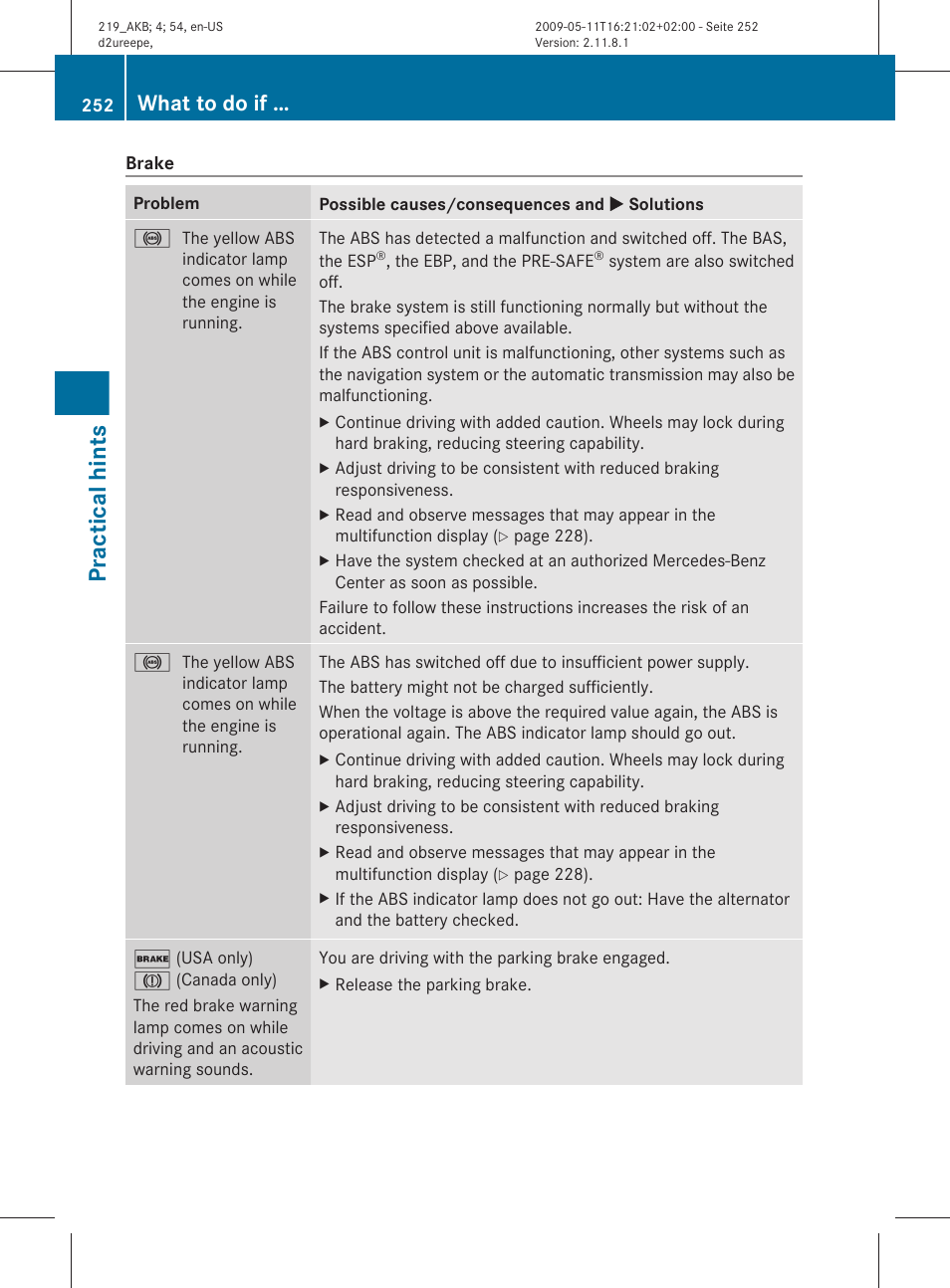 Practical hints, What to do if | Mercedes-Benz CLS-Class 2011 Owners Manual User Manual | Page 254 / 308