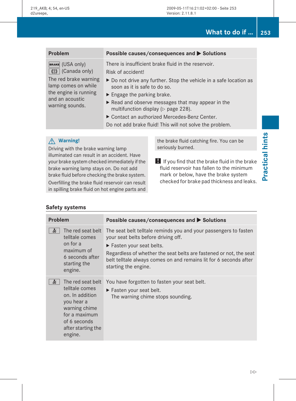 Practical hints, What to do if | Mercedes-Benz CLS-Class 2011 Owners Manual User Manual | Page 255 / 308