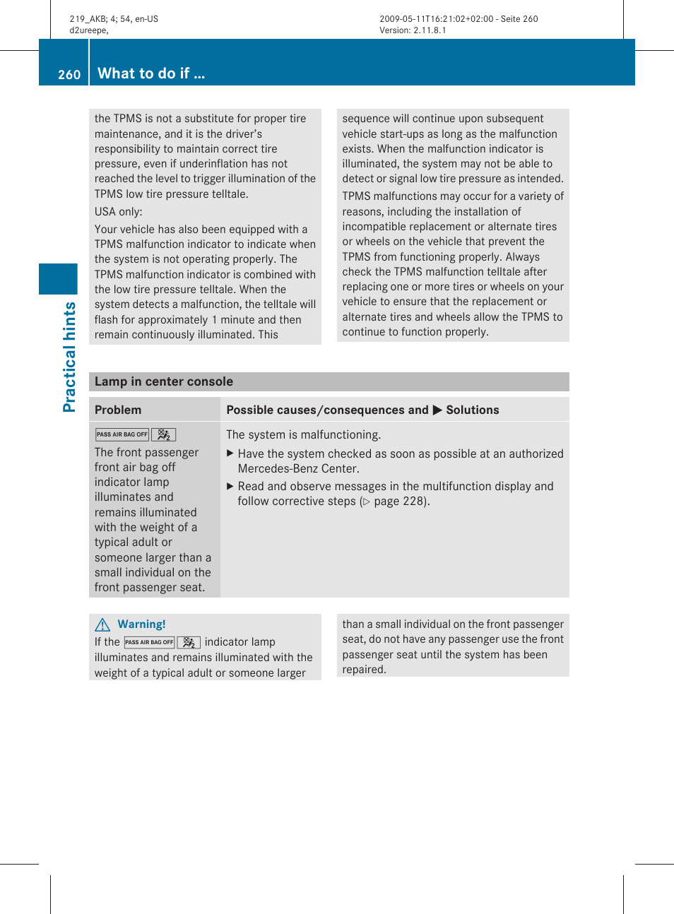 Lamp in center console, Hints” section, Practical hints | What to do if | Mercedes-Benz CLS-Class 2011 Owners Manual User Manual | Page 262 / 308