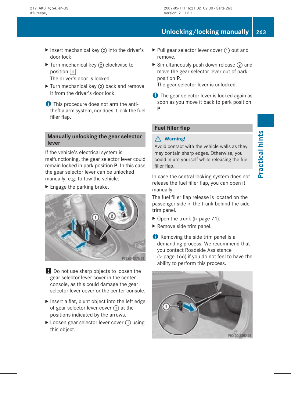 Manually unlocking the gear selector lever, Fuel filler flap, Selector lever | Practical hints, Unlocking/locking manually | Mercedes-Benz CLS-Class 2011 Owners Manual User Manual | Page 265 / 308