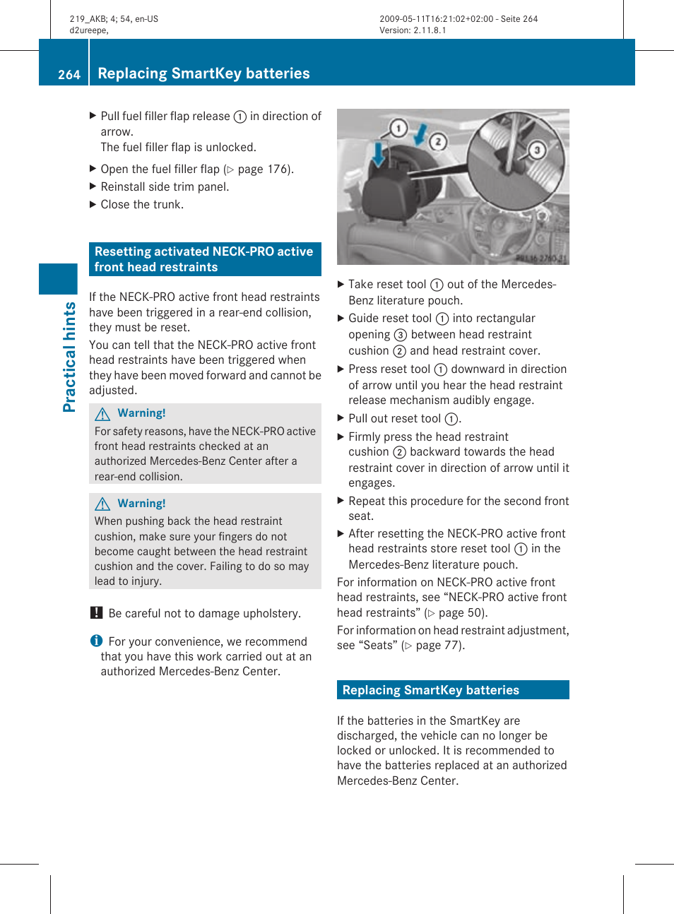 Replacing smartkey batteries, Practical hints | Mercedes-Benz CLS-Class 2011 Owners Manual User Manual | Page 266 / 308