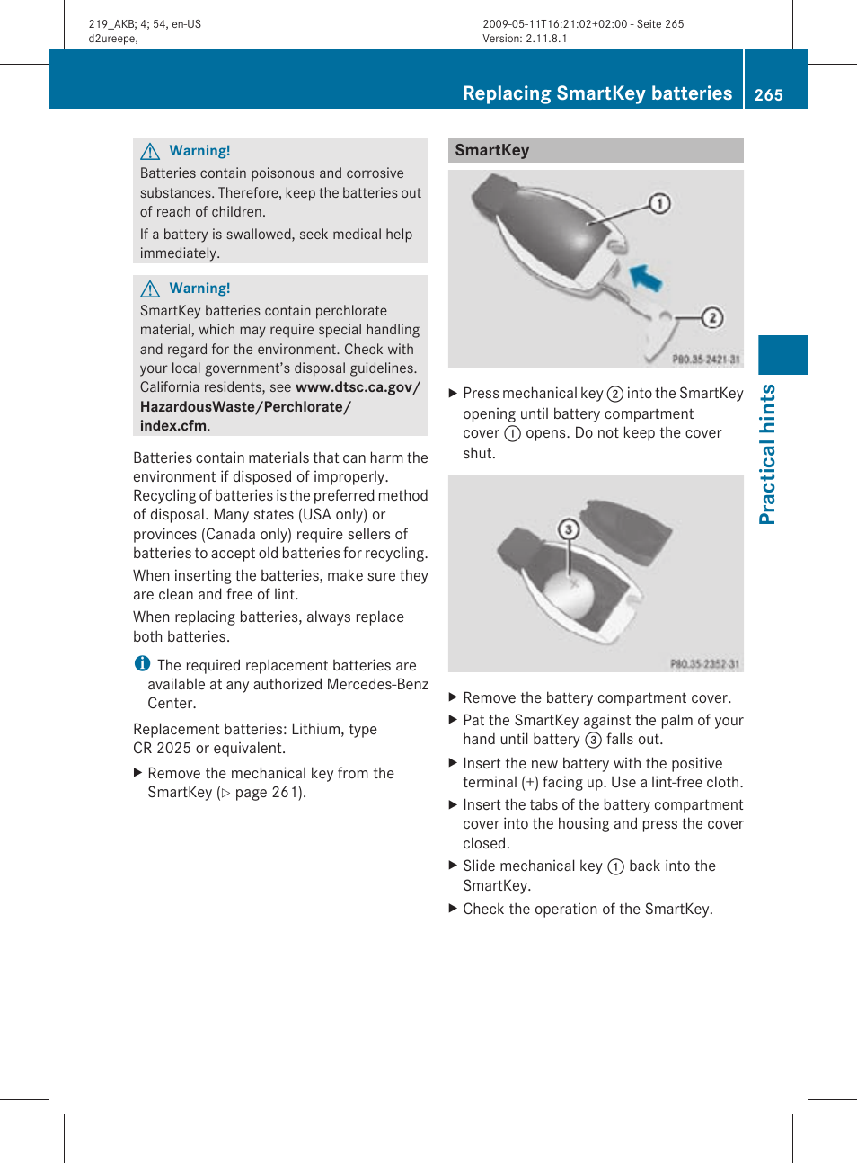 Smartkey, Practical hints, Replacing smartkey batteries | Mercedes-Benz CLS-Class 2011 Owners Manual User Manual | Page 267 / 308
